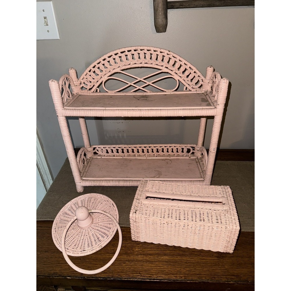 Vtg 3 pc Coral Wicker Bathroom Decor  Boho Bath 1970 1980